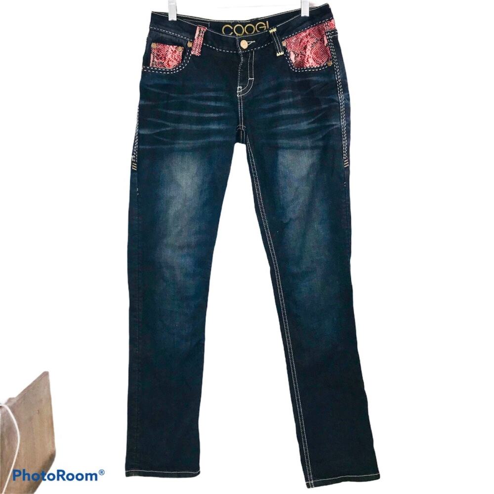 Y2K 1990s COOGI Womens Denim Jeans Pants Red Faux Snake Trim Sz 7/8
